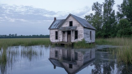 Obraz premium Old white house in water. House reflection. Abandoned building. Swamp landscape. Water and grass. Trees and sky. Rural scene. Outdoors nature.