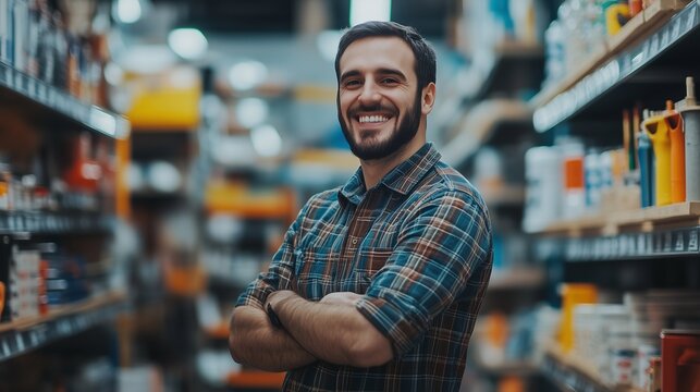 Smiling man in an apron standing in a store. Happy happy happy hardware. Ai generative store with a worker. A cheerful man wearing an apron is standing in a shop lifestyle.