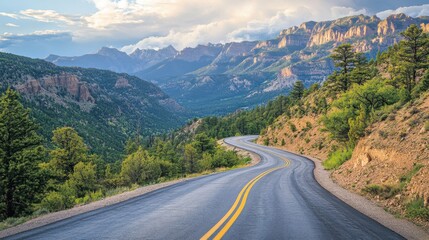 Fototapeta premium Mountain road winds through trees. Sunlight on peaks and green hills. Asphalt path curves. Sky and clouds above scenic view. Landscape picture.