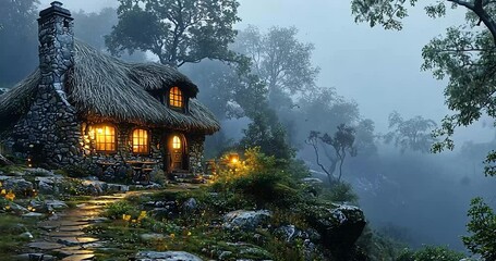 Stone Cottage In Misty Forest At Nighttime - Powered by Adobe