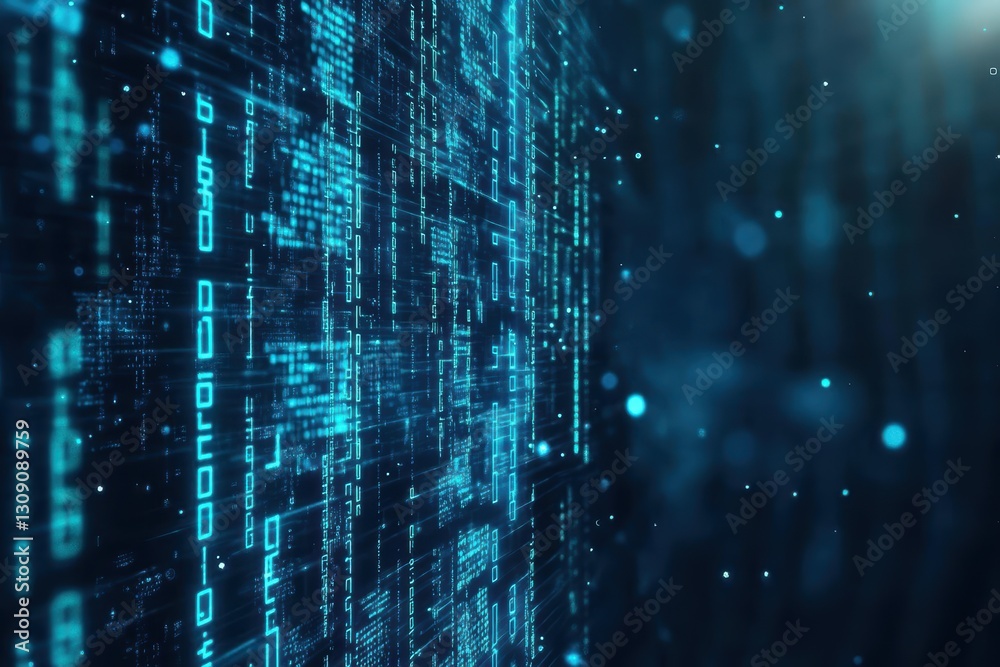 Poster futuristic digital landscape featuring endless streams of binary code against a vivid blue backgroun