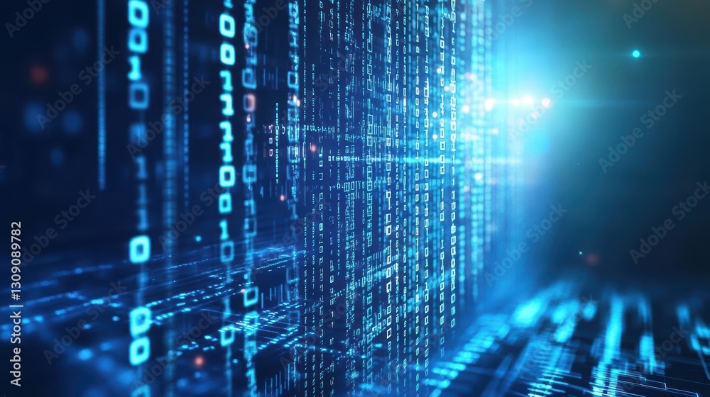 Poster mysterious digital landscape with glowing binary code flowing against a dark background creating an 