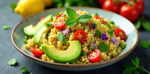 A vibrant and healthy couscous salad featuring avocado, cherry tomatoes, and edible flowers, served in a rustic bowl