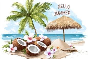 Obraz premium Bright summer vibes with tropical coconuts, palm trees, and beach essentials