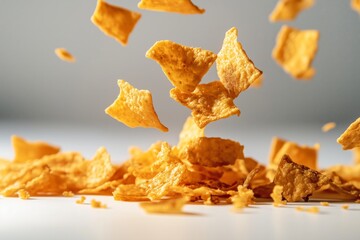 Fototapeta premium Crispy Chips in Motion: A dynamic, close-up shot captures the delightful chaos of golden-brown chips in mid-air, some falling down and some floating with a tempting texture.