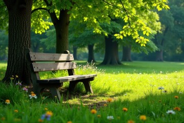 Naklejka premium Serene park bench beneath a canopy of lush green leaves, bathed in sunlight, surrounded by wildflowers