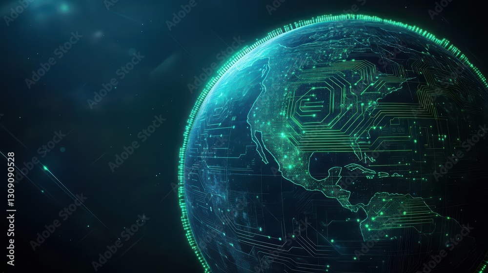 Poster intricate globe design with circuitry pattern symbolizing global connectivity and technology integra