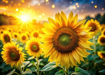 Obraz premium Vibrant yellow sunflowers dominate this sharp, close-up summer field photograph, showcasing nature's stunning detail.