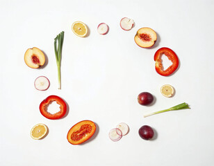 Vibrant Fruit and Vegetable Circle: A Fresh, Minimalist Still Life