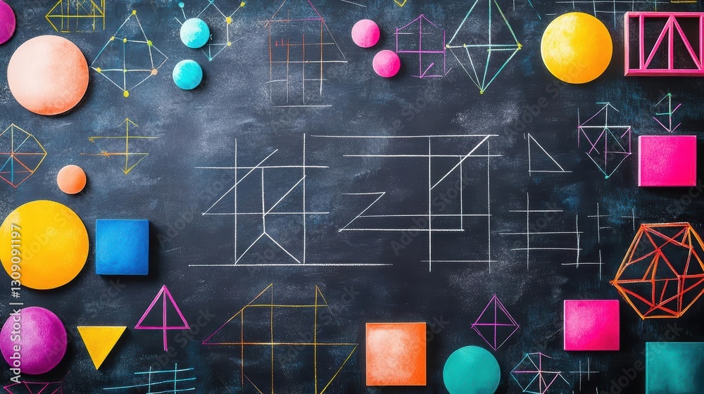 Poster vibrant and dynamic display of colorful geometric shapes arranged on a dark blackboard background cr