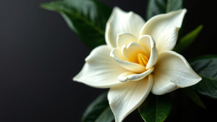 Elegant Gardenia Bloom Against Dark Background: Perfect for Luxury Branding, Wedding Stationery, and Spa Marketing