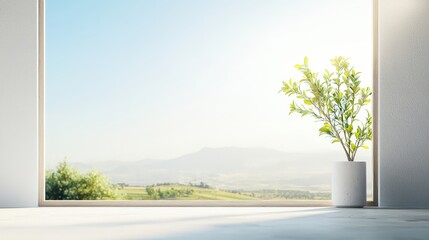 Fototapeta premium Bright and Airy Interior with Potted Plant and Scenic View