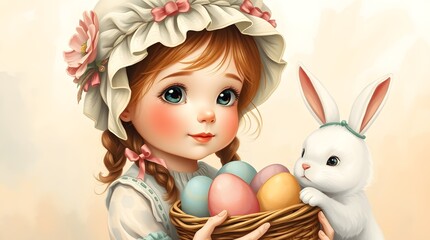 Fototapeta premium A beautifully illustrated scene of a young girl in a vintage bonnet holding a basket of colorful Easter eggs, accompanied by an adorable white bunny. 