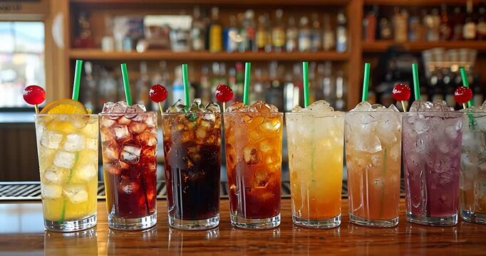 Ten Colorful Cocktails In Highball Glasses On A Bar Countertop Displaying Different Mixes With Garnishes On A Restaurant Bartop With Colorful Drinks On Display. Fine Mixes Of Alcoholic Drinks For