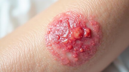 Fototapeta premium Close-up Detailed View of a Skin Lesion Exhibiting Small Blisters and Redness
