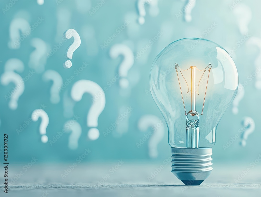 Poster Illuminated Light Bulb Surrounded by Floating Question Marks Symbolizing Ideas Creativity and Problem Solving in a Conceptual Art Style Setting