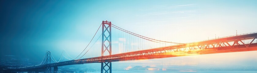 Fototapeta premium Beautiful Sunset Over Majestic Bridge Spanning Tranquil River Surrounded by Lush Greenery and Soft Golden Light Creating a Peaceful Atmosphere