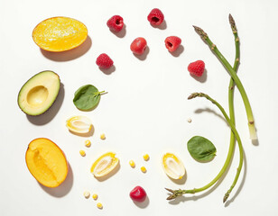 Vibrant Fruit and Vegetable Composition: A Sunlit, Minimalist Still Life