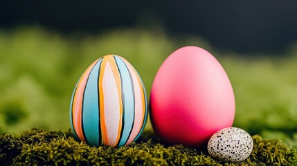 Fototapeta premium Colorful Easter Eggs Nestled Among Lush Green Moss Creating a Festive Springtime Atmosphere Full of Life and Natural Beauty in a Serene Setting