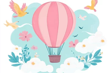 Charming Hot Air Balloon with Colorful Birds and Floral Design