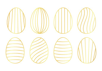 Set of Easter eggs in linear style with golden gradient, graphic element, for decoration, for cards, for greeting