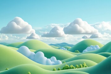 Obraz premium Dreamlike cartoon landscape featuring rolling green hills and fluffy clouds