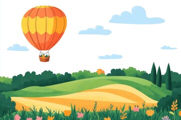 Fototapeta premium Vibrant Hot Air Balloon Over Lush Green Fields and Colorful Flowers