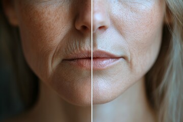 Woman's 60 years old face demonstrating the effects of skincare treatment in a clear split view