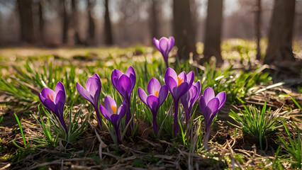 The first spring flowers. Purple crocuses (lat. Crocus) close-up in the morning sunlight.