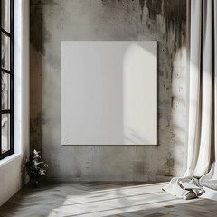 A large blank framed artwork on the wall of minimalist living room