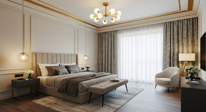 "A luxurious modern bedroom with warm ambient lighting. The room features a large bed with a cushioned headboard, decorated with elegant pillows and a soft blanket. A sleek bench sits at the foot of t
