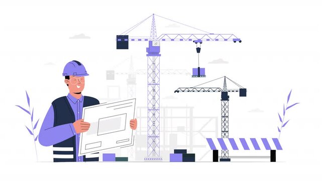 A detailed 2D vector animation representing building plans, construction materials, and infrastructure projects.