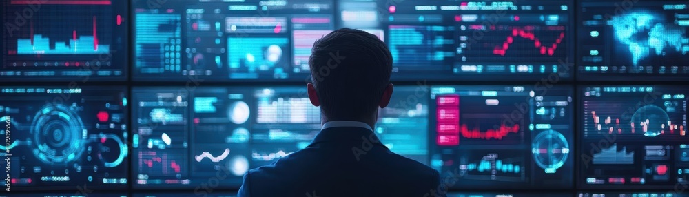 Poster a man gazes intently at a vibrant wall of data illuminated by soft lighting creating a thoughtful an