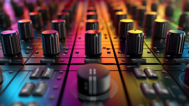 A close-up of a soundboard with knobs and buttons.