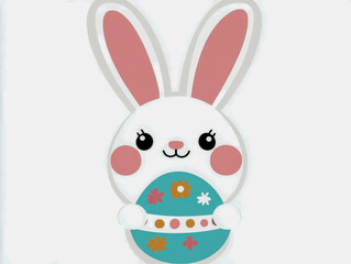 Obraz premium Cute white easter bunny holding decorated egg