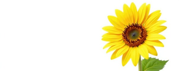 Obraz premium A solitary, bright yellow sunflower isolated against a crisp white background, leafy, sunflower