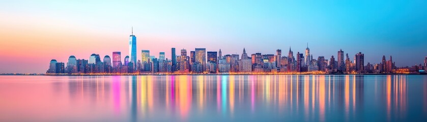 Obraz premium Vibrant New York City Skyline at Dusk with Illuminated Skyscrapers and a Radiant Sky Creating a Dynamic Urban Atmosphere and Nighttime Energy