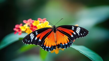 Fototapeta premium A Colorful Butterfly Perched Gracefully on a Vibrant Flower Surrounded by Lush Greenery in a Bright and Cheerful Natural Setting Full of Life