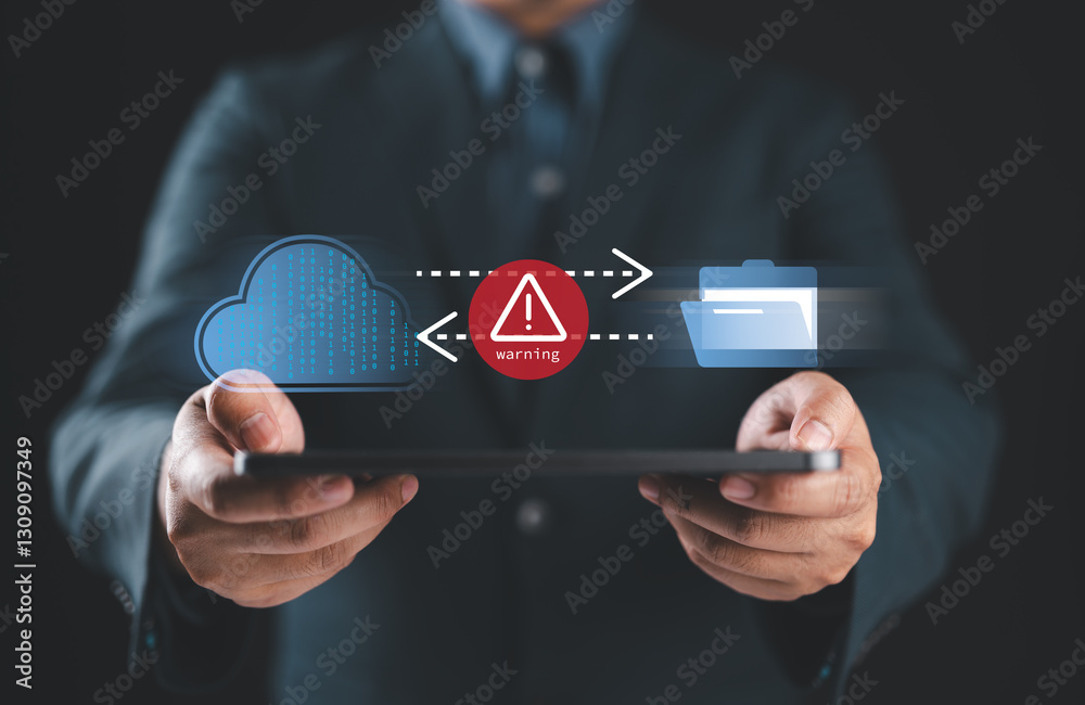 Poster Backup Solutions for Effective Cyber Risk Management. Interactive Cloud File and Folder Transfer with Warning Notifications, Emphasizing Data Security, Encryption