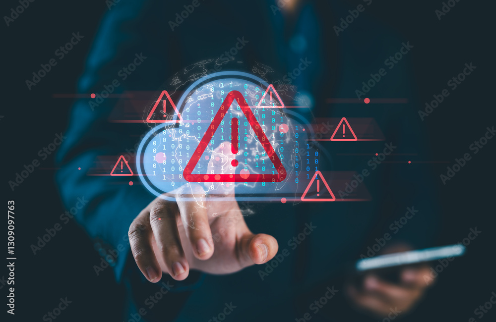 Poster Cloud Data Security Alert, Businessman Interacting with Cloud Data Security Warning Interface, Critical Alerts, Cyber Risk Management, and Innovative Solutions for Safe Digital Operations