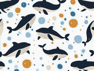 Naklejka premium Cute whales swimming seamless pattern with bubbles, marine life background for kids