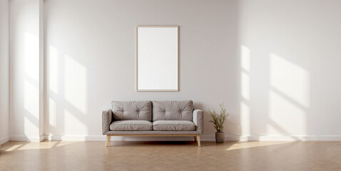 Minimalist living room interior with couch and blank frame on wall with copy space
