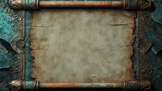 Ancient parchment scroll with intricate metallic frame on textured blue stone background, perfect for fantasy and medieval themes