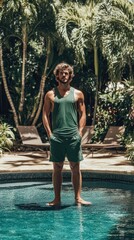 Fototapeta premium Muscular Man Posing by Poolside in Green Athletic Wear