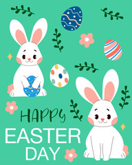 Happy Easter day card with bunnies, leaves, flowers, easter eggs on green background. Cartoon isolated vector illustration.	
