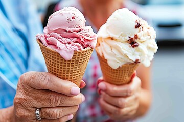 Close-up of two people holding ice cream cones