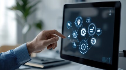 Business professional using advanced technology on touch screen for innovation and development in office setting.