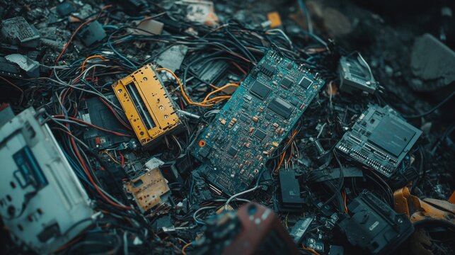 Pile of old electronic parts. Broken computer boards with wires. E waste recycling. Discarded technology. Electronic junk at waste dump.