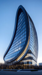 Obraz premium A modern office building with curved glass windows 