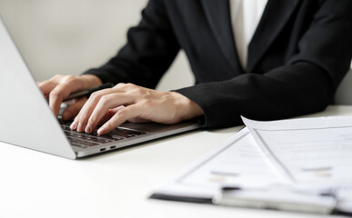 Business woman employer holding resume hiring recruit looking cv resume to hire candidates,...